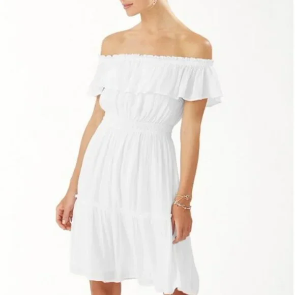 white ruffle off shoulder dress Cream Eyelet Lace Off Shoulder Ruffle Mini Dress
